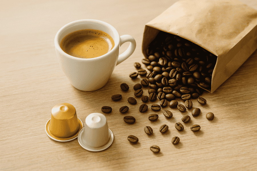 Espresso Kaffeecups vs. frische Bohnen