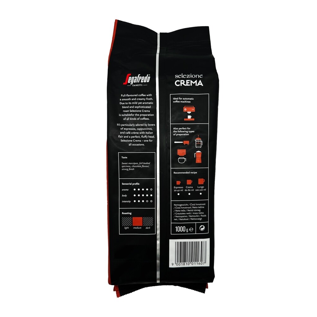Achterkant van een kilo zak koffiebonen van het merk Segafredo Selezione Crema