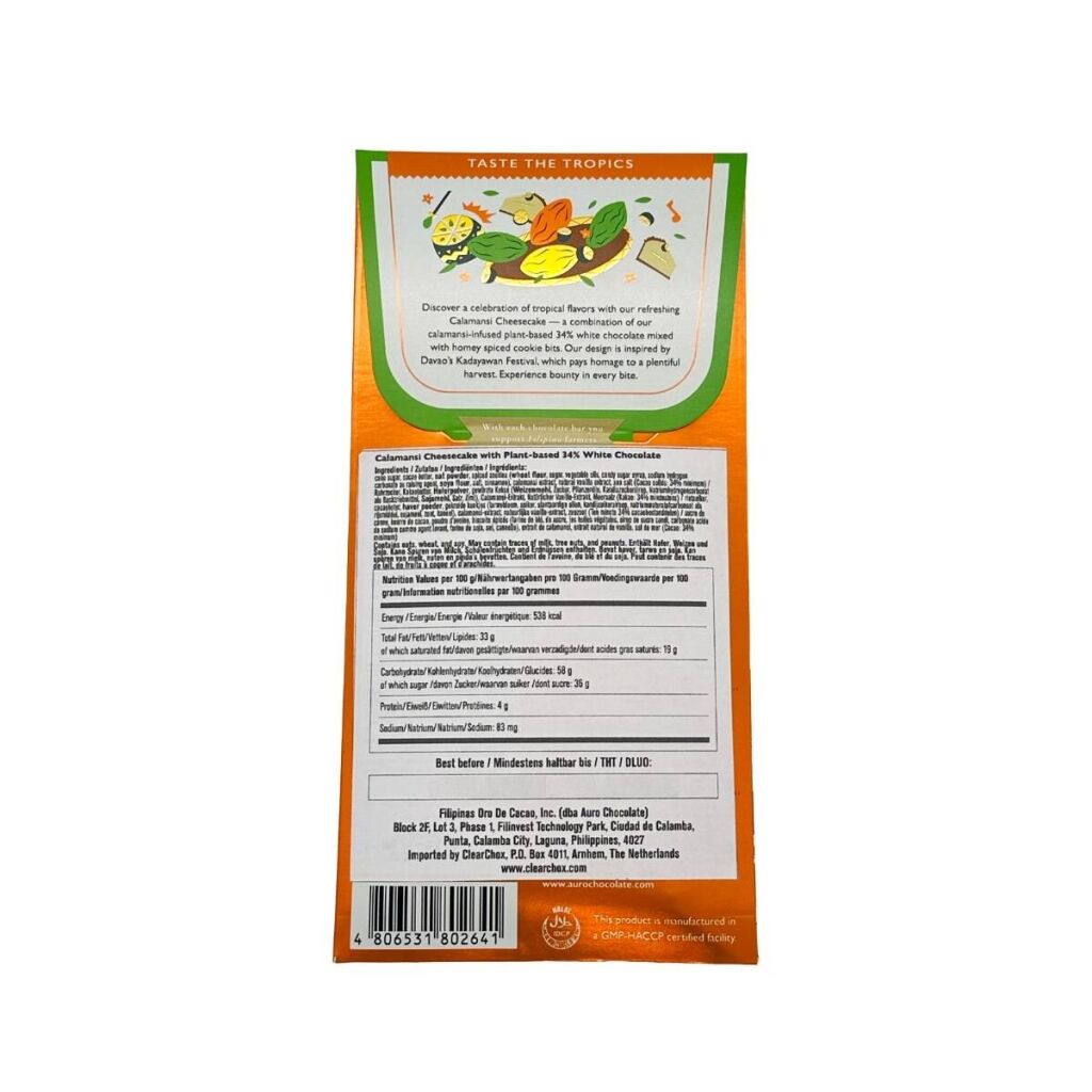 Die Rückseite der Verpackung einer Schokoladentafel mit Calamansi-Cheesecake-Geschmack der Marke Auro