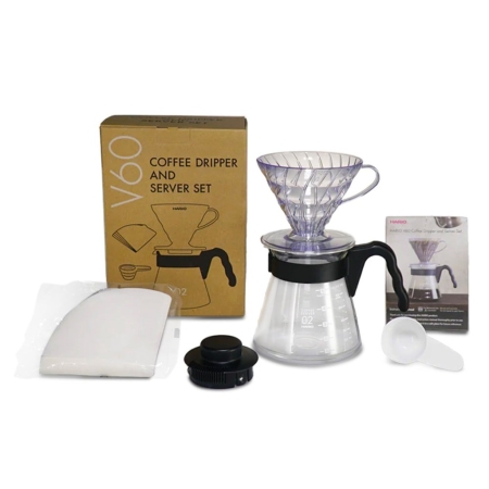 Hario V60 - Dripper, Kaffeekanne, Kaffeefilter & Messlöffel - Komplettset