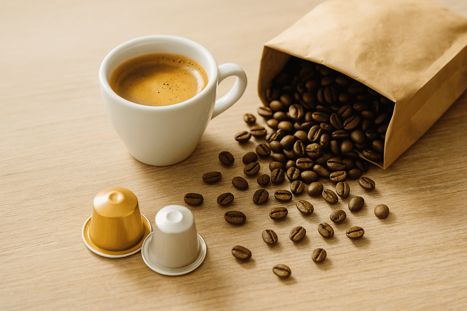 Espresso Kaffeecups vs. frische Bohnen